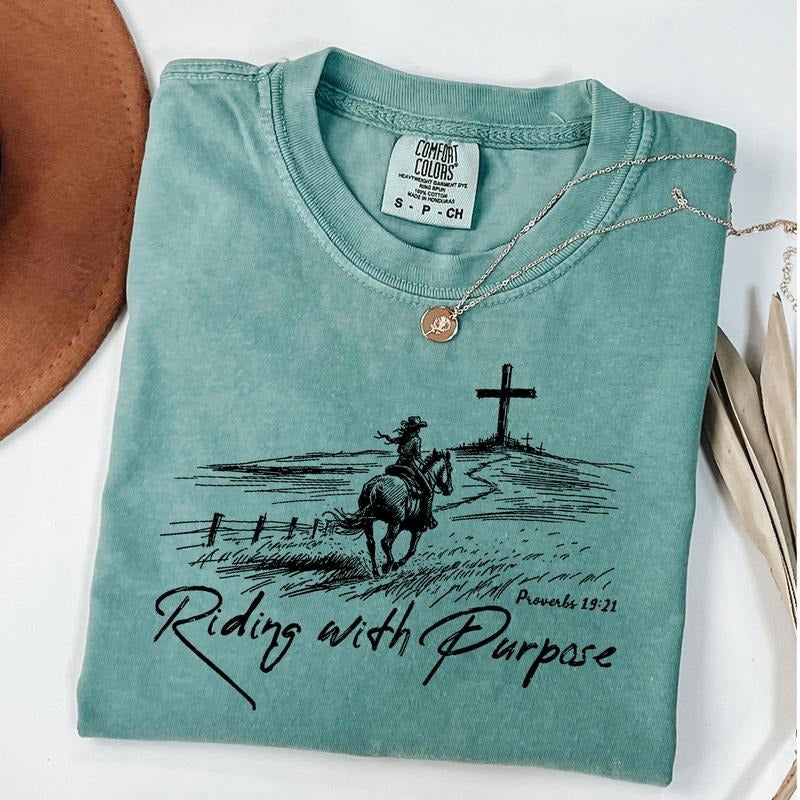 Comfort Colors Riding with Purpose Shirt, Religious Shirt, Christian T-Shirt, Western Graphic Tee, Cowgirl T-Shirt, Faith Shirt