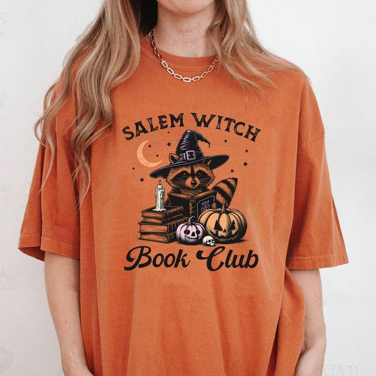 Comfort Colors Salem Witch Book Club Shirt, Halloween Raccoon T-Shirt, Raccoon Witchy T-Shirt, Funny Raccoon Shirt, Pumpkin Shirt