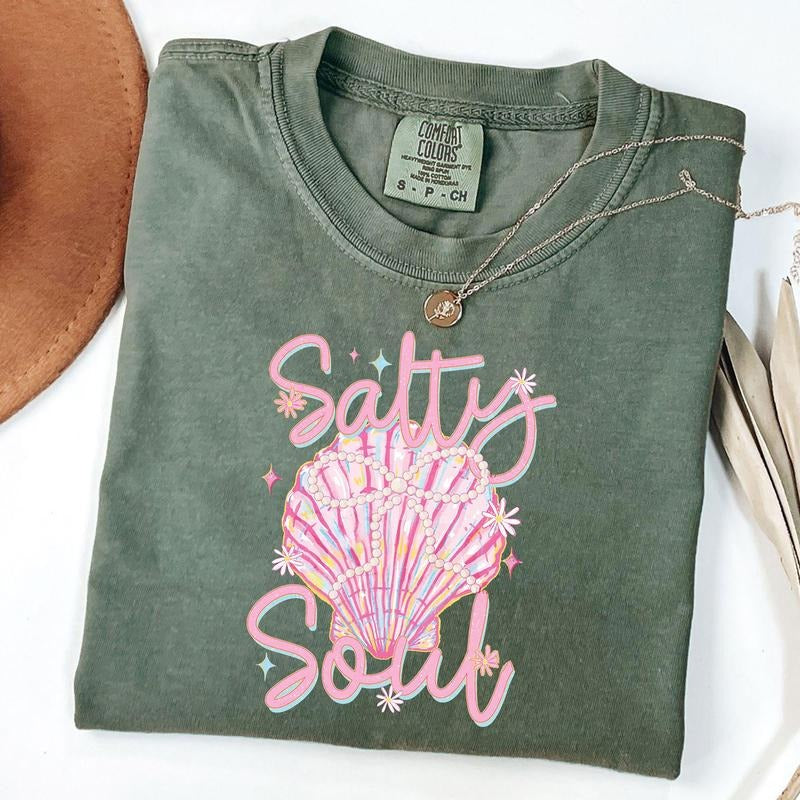 Comfort Colors Salty Soul Tee, Clam Pearl Bow T-Shirt, Summer Vibes Shirt, Girly Summer