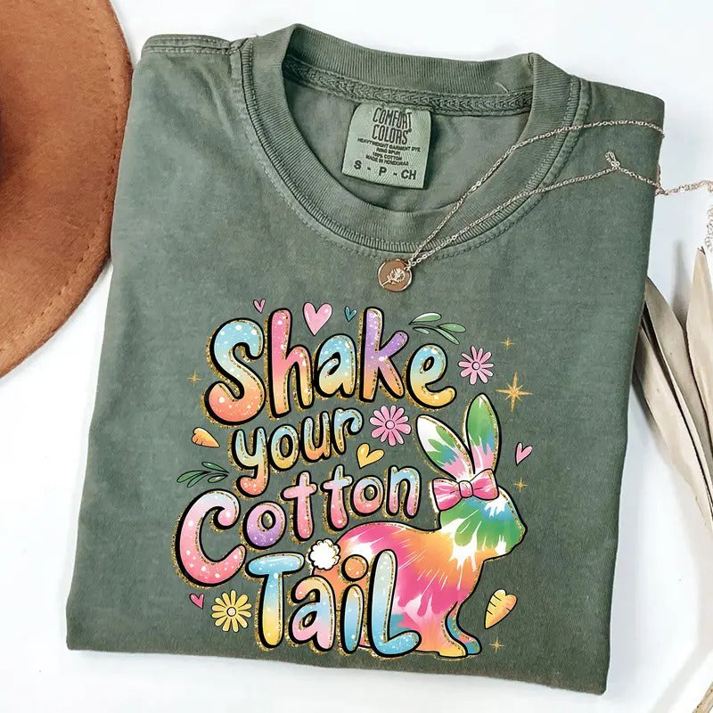 Comfort Colors Shake Your Cotton Tail Shirt, Coquette Bunny Shirt, Easter Bunny Vibes Girl Tee, Brushstroke Easter T-Shirt