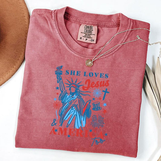 Comfort Colors She Loves Jesus and America Too Shirt, America Needs Jesus T-Shirt, Christian 4th July Tee