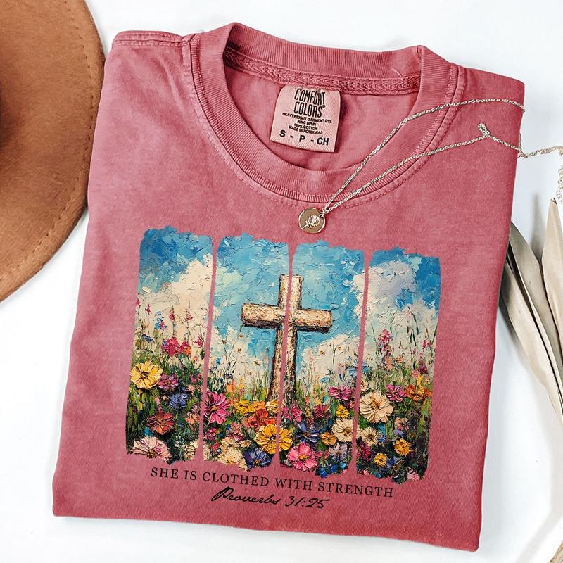 Comfort Colors She is Clothed with Strength Shirt, Wildflower Christian Tee, Bible Verse Shirt, Christian Boho Tee, Gift for Mom