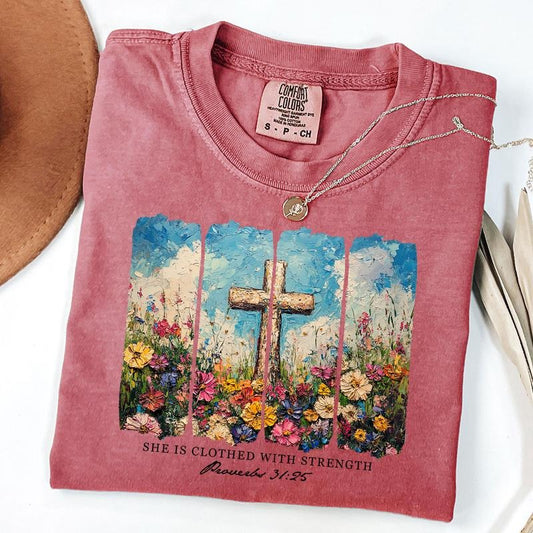 Comfort Colors She is Clothed with Strength Shirt, Wildflower Christian Tee, Bible Verse Shirt, Christian Boho Tee, Gift for Mom