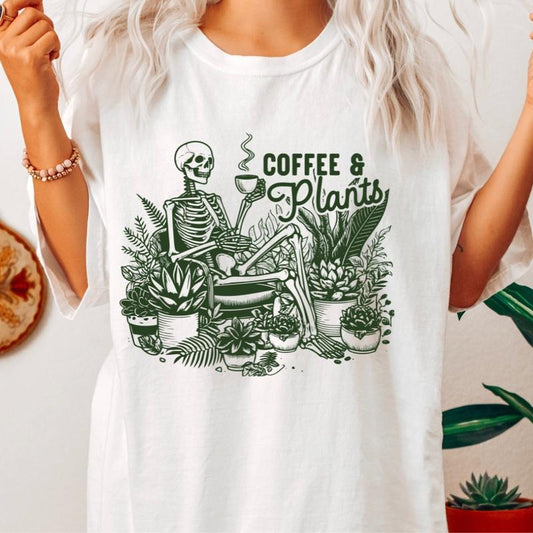 Comfort Colors Shirt, Coffee & Plants T-shirt, Plant Lover Gift, Plant Lady Shirt, Womens T-shirt Oversized, Womens Graphic Tee, Comfort Cotton Womenswear Fabric Top Oversized Underwear Women Tshirt