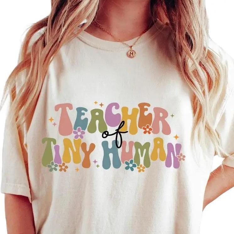 Comfort Colors Shirt, Teacher Of Tiny Humans Shirt, Gifts for Teacher, Groovy Teacher Shirt, Back to School Shirt, Kindergarten Teacher Tee, Cute Preschool Teacher, First Day of School, Teacher Appreciation Gifts, Love Teacher Shirt Breathable Casual