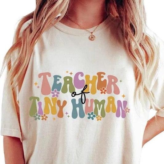 Comfort Colors Shirt, Teacher Of Tiny Humans Shirt, Gifts for Teacher, Groovy Teacher Shirt, Back to School Shirt, Kindergarten Teacher Tee, Cute Preschool Teacher, First Day of School, Teacher Appreciation Gifts, Love Teacher Shirt Breathable Casual