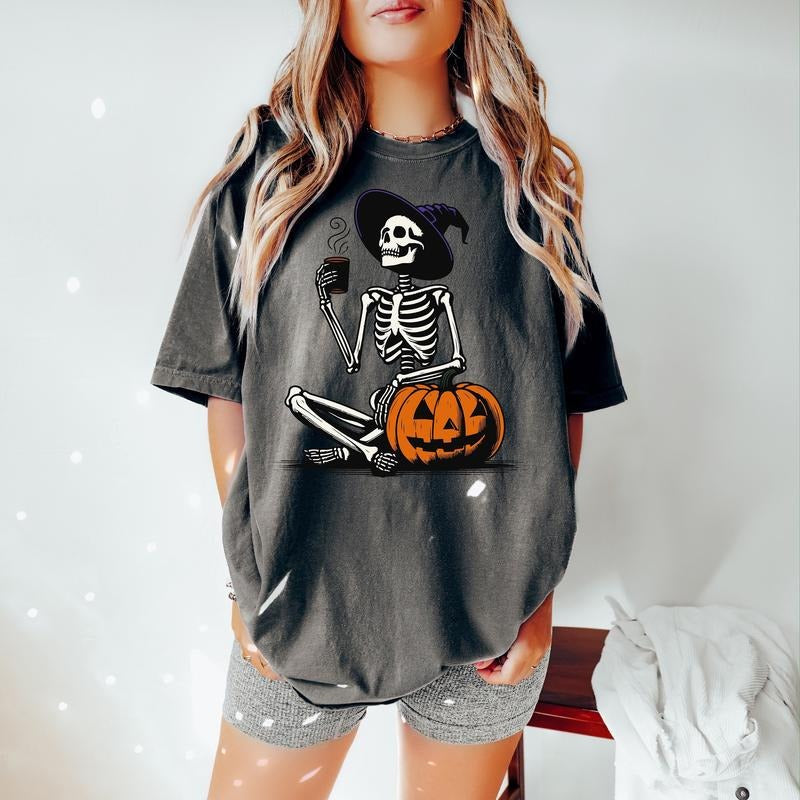 Comfort Colors Skeleton Pumpkin Shirt, Coffee Lover Skeleton Shirt, Fall Coffee Latte Shirt, Retro Halloween Shirt, Women's Halloween Shirt
