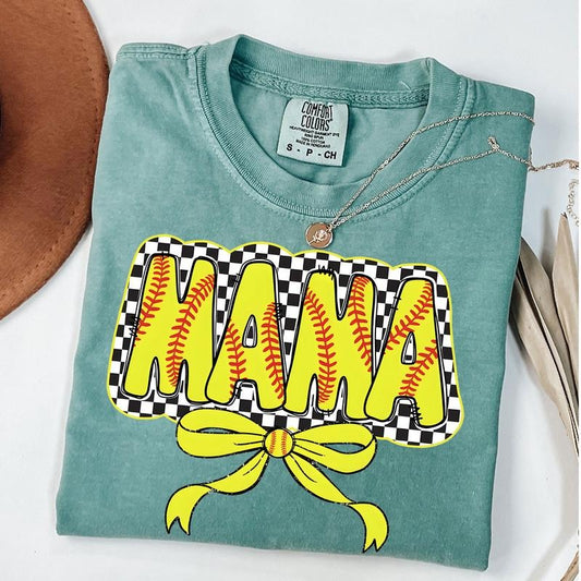 Comfort Colors Softball Mama Bow Shirt, Checkered Mama Coquette Shirt, Gift For Softball Lover Mom Shirt, Mothers Day Gift