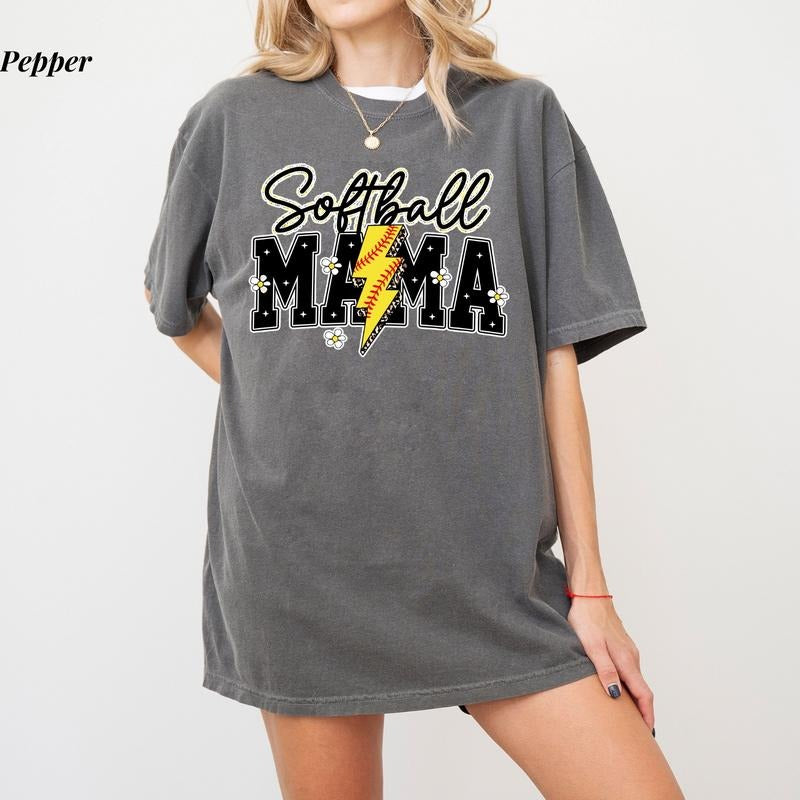 Comfort Colors Softball Mama Varsity T-Shirt, Lightning Bolt Softball Shirt, Mother's Day Gift for Sports Mom, Ultra Soft Cotton Tee, Everyday Casual Wear
