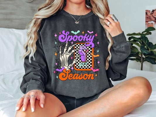 Comfort Colors Spooky Season Sweatshirt, Vintage Style Halloween Sweatshirt, Fun & Colorful Halloween Sweatshirt with Skeleton Hand