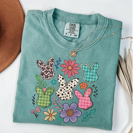 Comfort Colors Spring Floral Chinoiserie Bunny T-Shirt, Boho Easter Shirt, Grand Millennial Easter Shirt, Flower Easter Rabbit T-Shirt