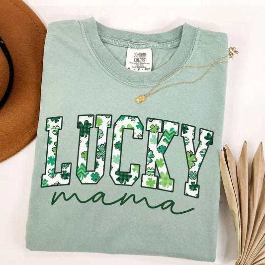Comfort Colors St. Patrick's Day Lucky Mama Shirt, Mom T-Shirt, St. Patty's Day Green Shamrock Tee, Irish Gift for Her