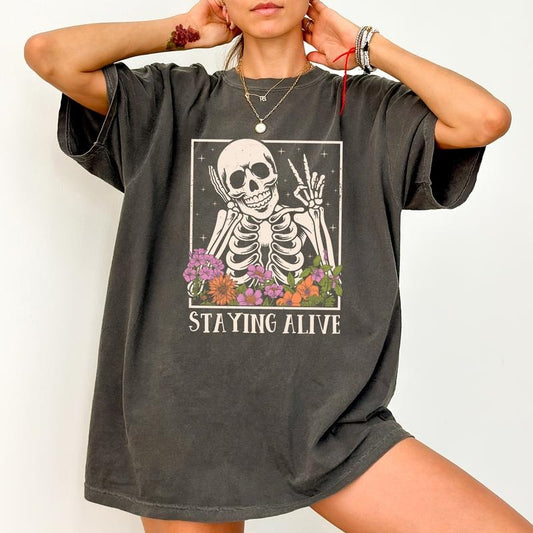 Comfort Colors Staying Alive Shirt, Vintage Graphic Printed Tee, Funny Positive T-shirt For Women, Womenswear, Cotton Fabric Relaxed Fit Chic Style
