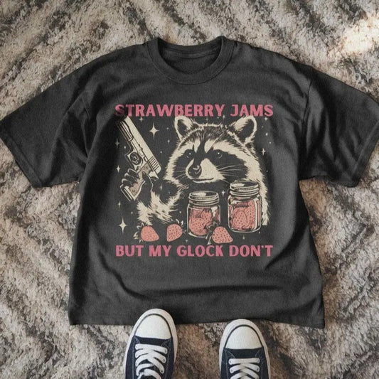 Comfort Colors Strawberry Jams Raccoon T-Shirt, Retro Trash Panda Tee, Funny Animal Pun Shirt, Meme Tee, Trendy Animal Lover Gift, For Woman