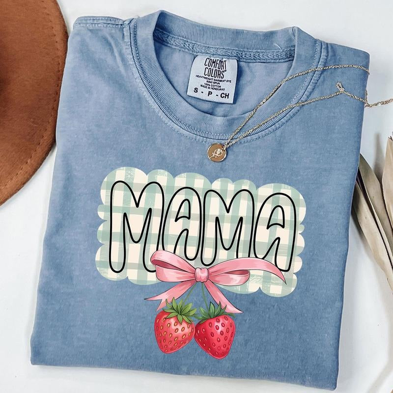 Comfort Colors Strawberry Mama Shirt, Retro Checkered Strawbery Coquette Tee, Gift For Mom