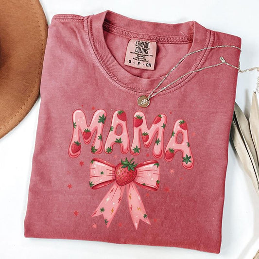Comfort Colors Strawberry Mama Shirt, Strawberry Mom Tee, Coquette Mama Bow T-Shirt, Mothers Day Gift