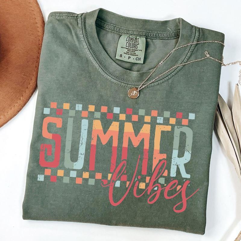 Comfort Colors Summer Vibes Shirt, Retro Summer T-Shirt, Checkered Summer Tee