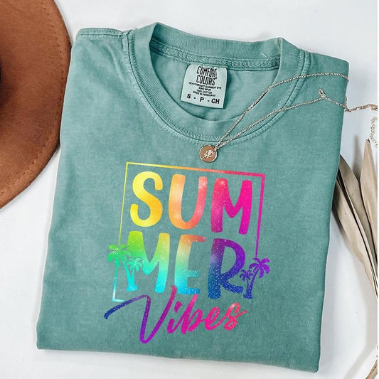 Comfort Colors Summer Vibes T-Shirt, Glitter Beach Shirt, Tropical Sunset Tee, Retro Summer T-Shirt, Coastal Vibes Shirt, Vibrant Holiday Tee