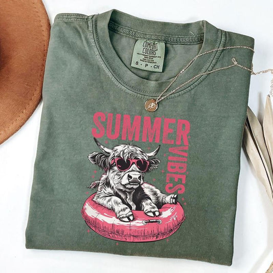 Comfort Colors Summer Vibes T-Shirt, Highland Cow Tee, Summer Cow Shirt, Cow In Pool Tube Tee