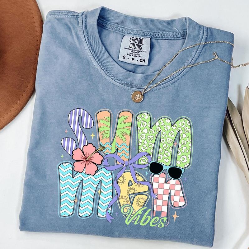 Comfort Colors Summer Vibes Tee, Retro Beach Shirt, Trendy Bow Summer T-Shirt