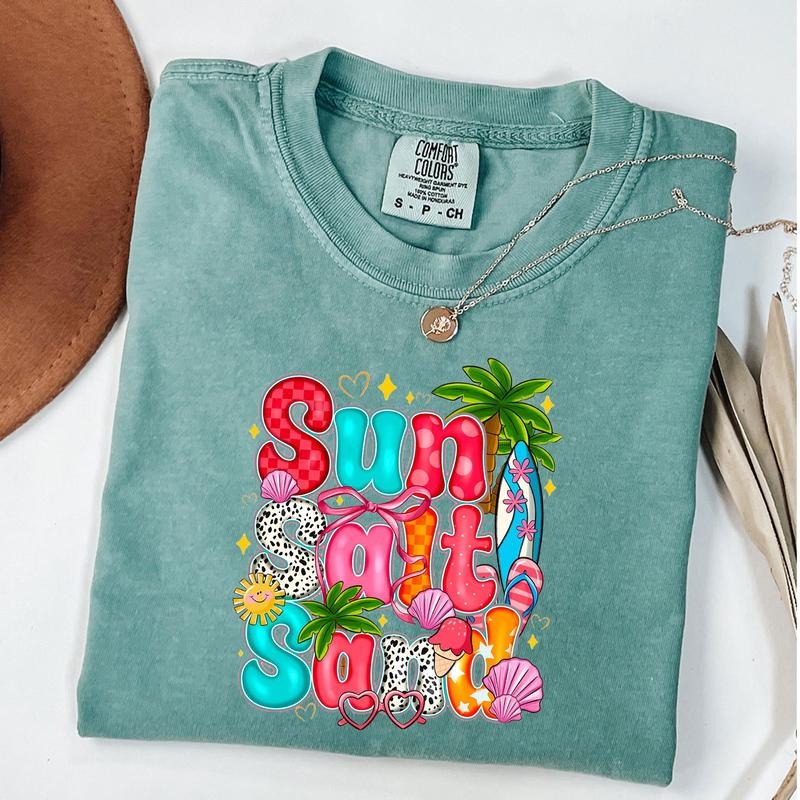 Comfort Colors Sun Salt Sand Shirt, Retro Summer Tee, Summer Checkered T-Shirt, Beach Vibes Shirt