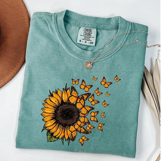 Comfort Colors Sunflower And Flying Butterflies Shirt, Beautiful Sunflower T-Shirt, Sunflower And Flying Butterflies Tee, Cute Gift For Women