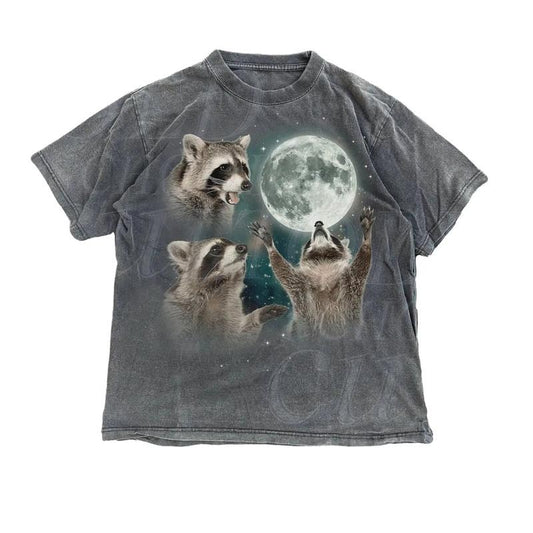 Comfort Colors Three Raccoons Vintage Graphic T-shirts, Retro Raccoon Moon T-shirt, Raccoon Lovers, Funny Raccoon Tee, Oversized Washed Tee, Raccoon Gifts