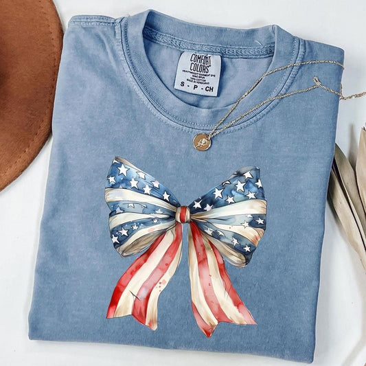 Comfort Colors USA Coquette Bow Shirt, 4th of July Bows T-Shirt, American Flag Tee, Trendy 4th of July Shirt