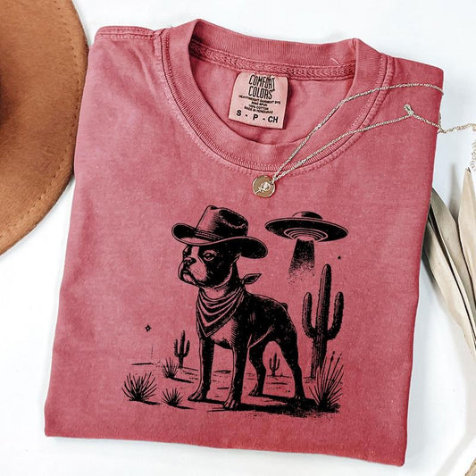 Comfort Colors Vintage Boston Terrier Shirt, Boston Terrier Retro UFO Western Shirt, Vintage Dog T-Shirt, Cowboy T-Shirt, Dog Mom Gift, Dog Dad Tee