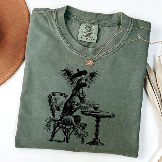 Comfort Colors Vintage Chinese Crested Shirt, Retro Dog Drinking Coffee Tee, Chinese Crested France Shirt, Crested Mom T-shirt, Crested Dad T-shirt