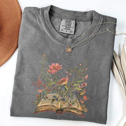 Comfort Colors Vintage Floral Tee, Cottagecore Tshirt, Fairycore Shirt, Bird and Flower T-Shirt, Reading Shirt for Women