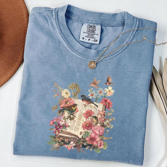 Comfort Colors Vintage Floral Tee, Nature Lover Shirt, Book Lover Tshirt, Bird and Flower T-Shirt, Reading Shirt for Women