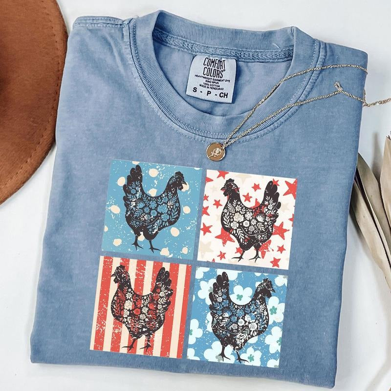 Comfort Colors Western 4th of July Shirt, Chicken T-Shirt, Retro 4th of July Shirt, Rooster Patriotic Tee
