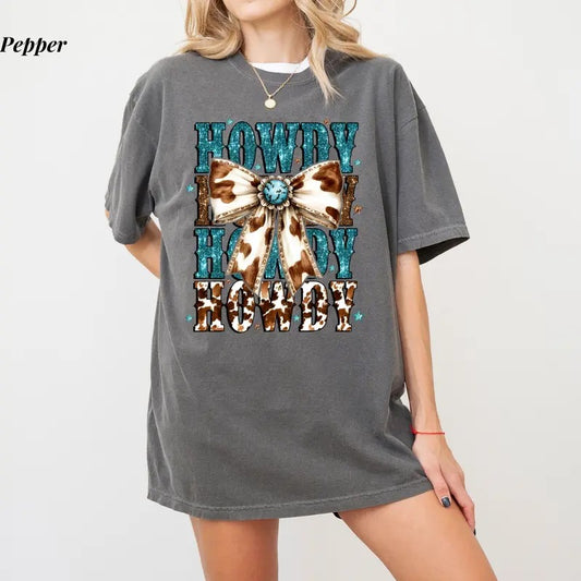 Comfort Colors Western Coquette Howdy T-Shirt, Turquoise Cowhide Design, Western Mama Tee, Cowgirl Style Shirt, Casual Vintage Sublimation, Gift For Her