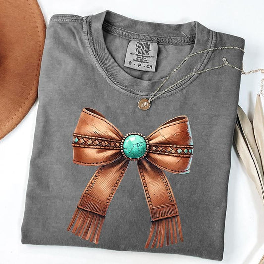 Comfort Colors Western Cowgirl Bow Shirt, Howdy Turquoise Bow Shirt, Cowhide Bow Tshirt, Coquette Cowgirl Aesthetic, Yeehaw Vibes Tee