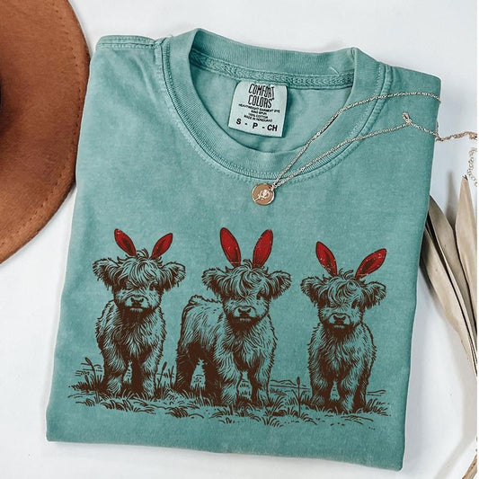 Comfort Colors Western Highland Cow Shirt, Cow Bunny T-Shirt, Western Easter Cow Shirt, Animal Lover Shirt