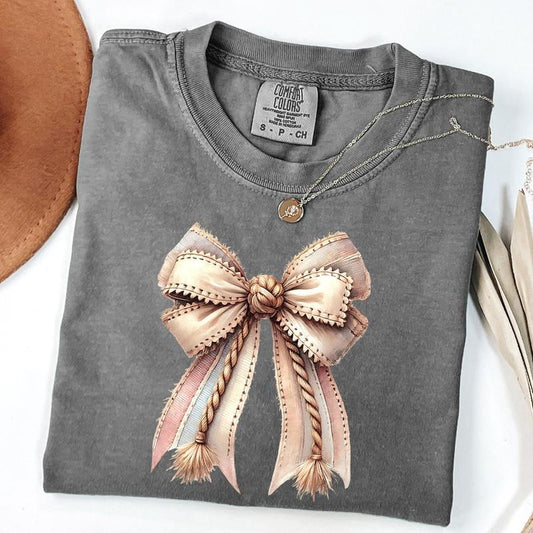 Comfort Colors Western Rope Bow Tee, Cowgirl Chic Shirt, Rustic tassel Bow Shirt, Neutral Boho T-shirt, Western Rodeo Fashion