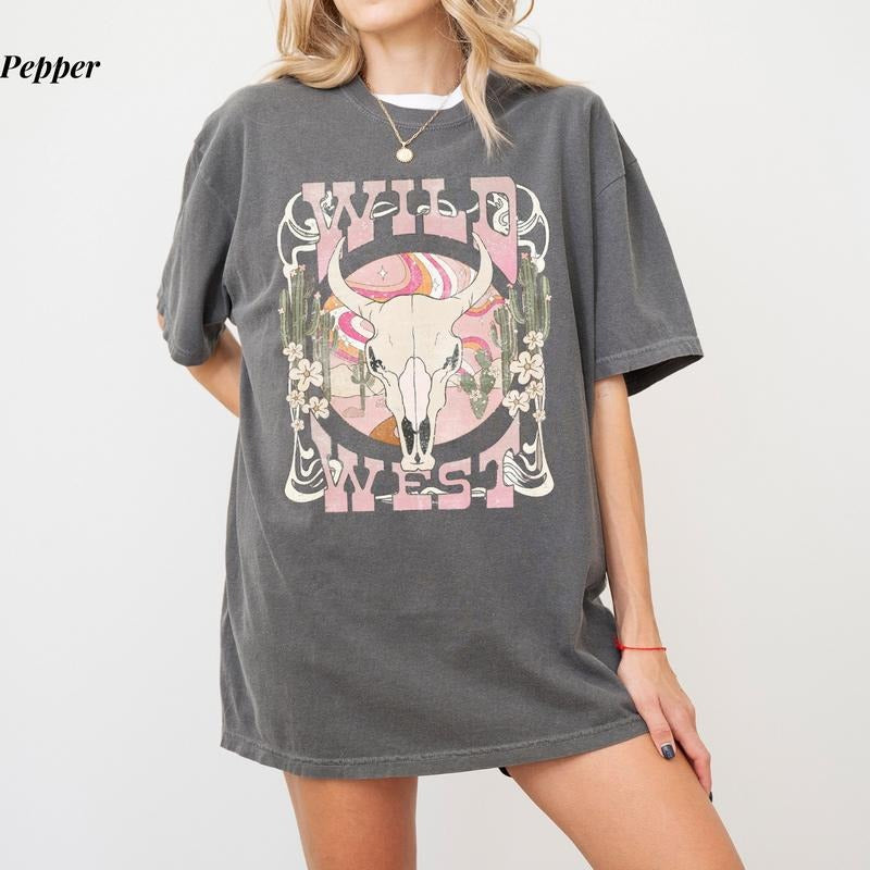 Comfort Colors Wild West T-Shirt, Boho Bull Skull Tee, Western Cowgirl Shirt, Ultra Soft Cotton Tee, Everyday Casual Wear