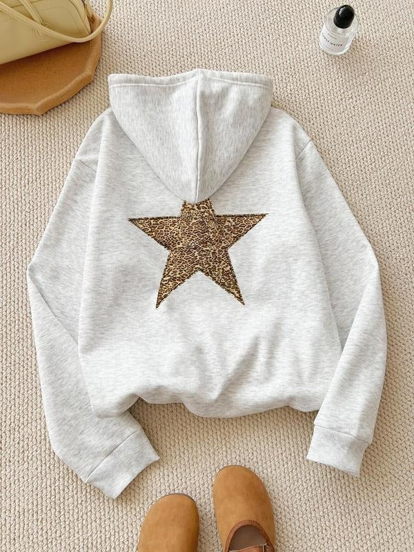 Comfort Colors Women's Leopard Star Print Drop Shoulder Drawstring Hoodie Fashion Casual Kangaroo Pocket Hooded Sweatshirt for Daily Holiday Outdoor Wear Women's Tops - Womenswear