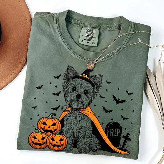 Comfort Colors Yorkie Halloween Shirt | Spooky Yorkshire Terrier Witch T-Shirt | Pumpkin Yorkie Dog Tee | Halloween Dog Lover Gifts | Fall Yorkie Shirt