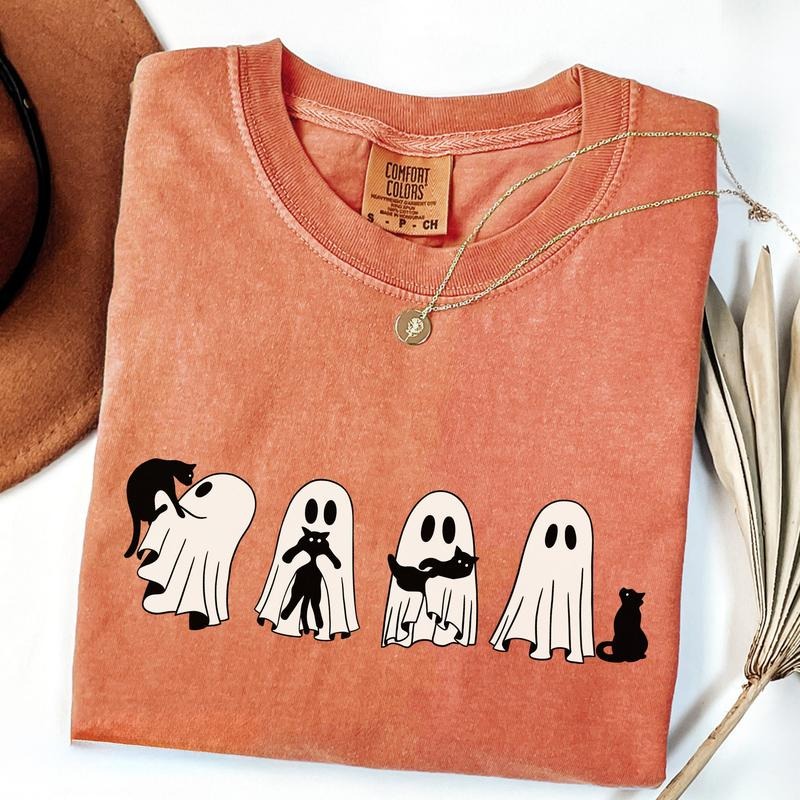 Comfort Colors Сute Ghost Cat Shirt, Ghost Cat T-shirt, Cat Lovers Shirt, Retro Ghost Halloween, Halloween Cat T-shirt, Spooky Season