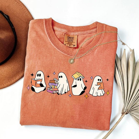 Comfort Colors Сute Little Ghosts Shirt, Reading Books Ghost Shirt, Books Lover Halloween Shirt, Womens Ghost Shirt, Spooky Season Shirt