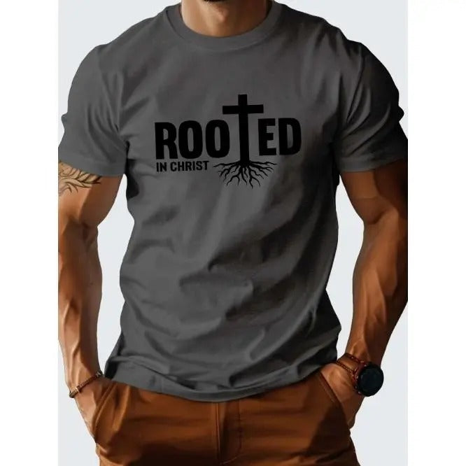 Comfortable ROOTED IN CHRIST Cotton Crew Neck T-Shirt - Soft Slight Stretch Regular Fit for Adult Men - All-Season Casual Wear with Printed Design Made in USA