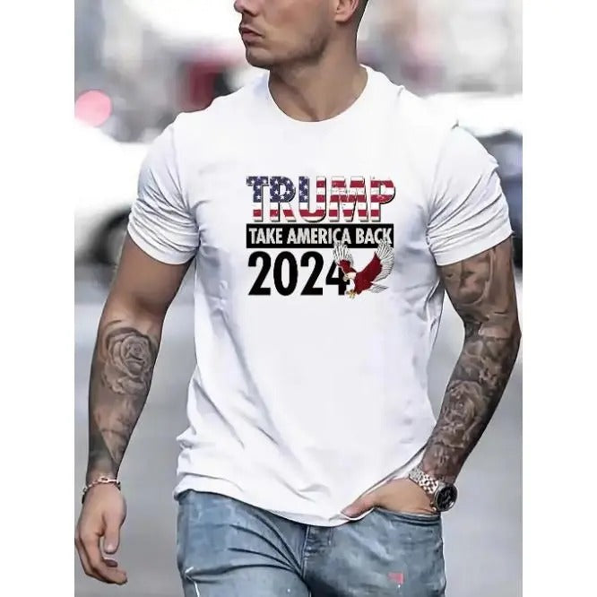 Comfortable and breathable high quality men's crewneck T-shirt, men's fashion trend flag Trump letters 2024 pattern print, leisure holiday camping T-shirt Made in USA