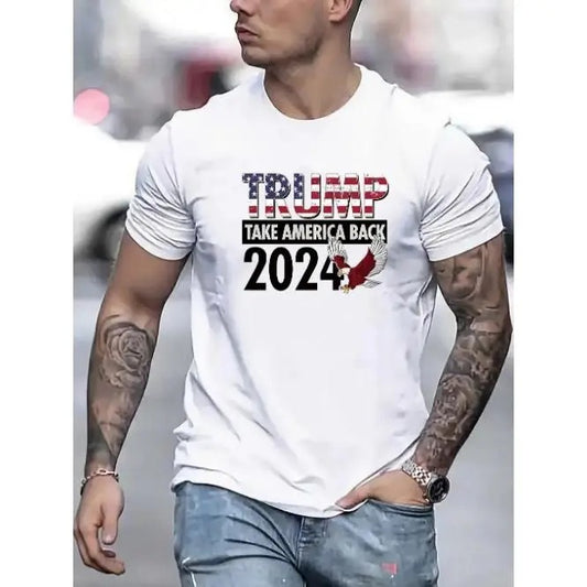 Comfortable and breathable high quality men's crewneck T-shirt, men's fashion trend flag Trump letters 2024 pattern print, leisure holiday camping T-shirt Made in USA