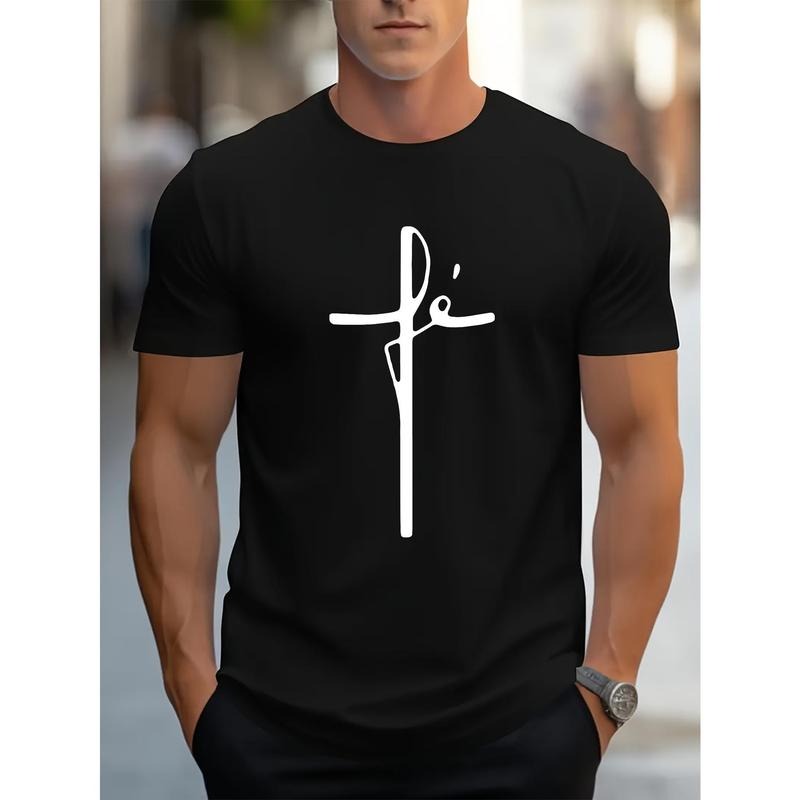 Comfy Cross Print Short Sleeve Tee - Men's Casual T-Shirts - Elastic Crew Neck, Breathable, Moisture-Wicking, Quick-Drying for Outdoor Activities and Everyday Wear Made in USA