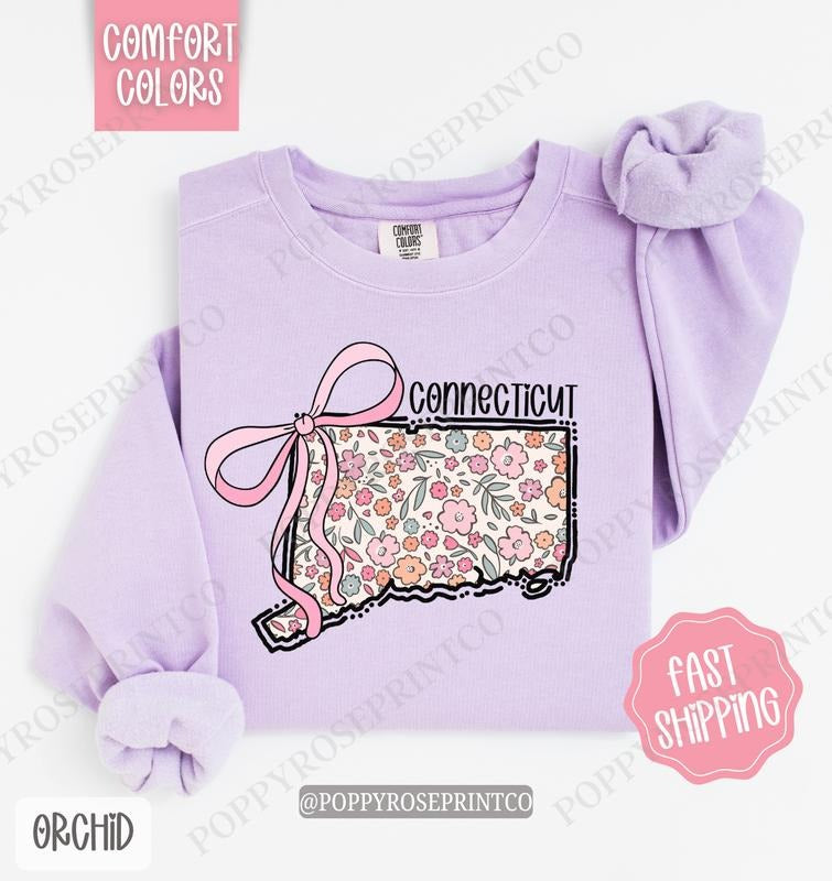 Connecticut Floral Comfort Colors Sweatshirt, Connecticut Sweatshirt, Cute Bow Connecticut Sweatshirt