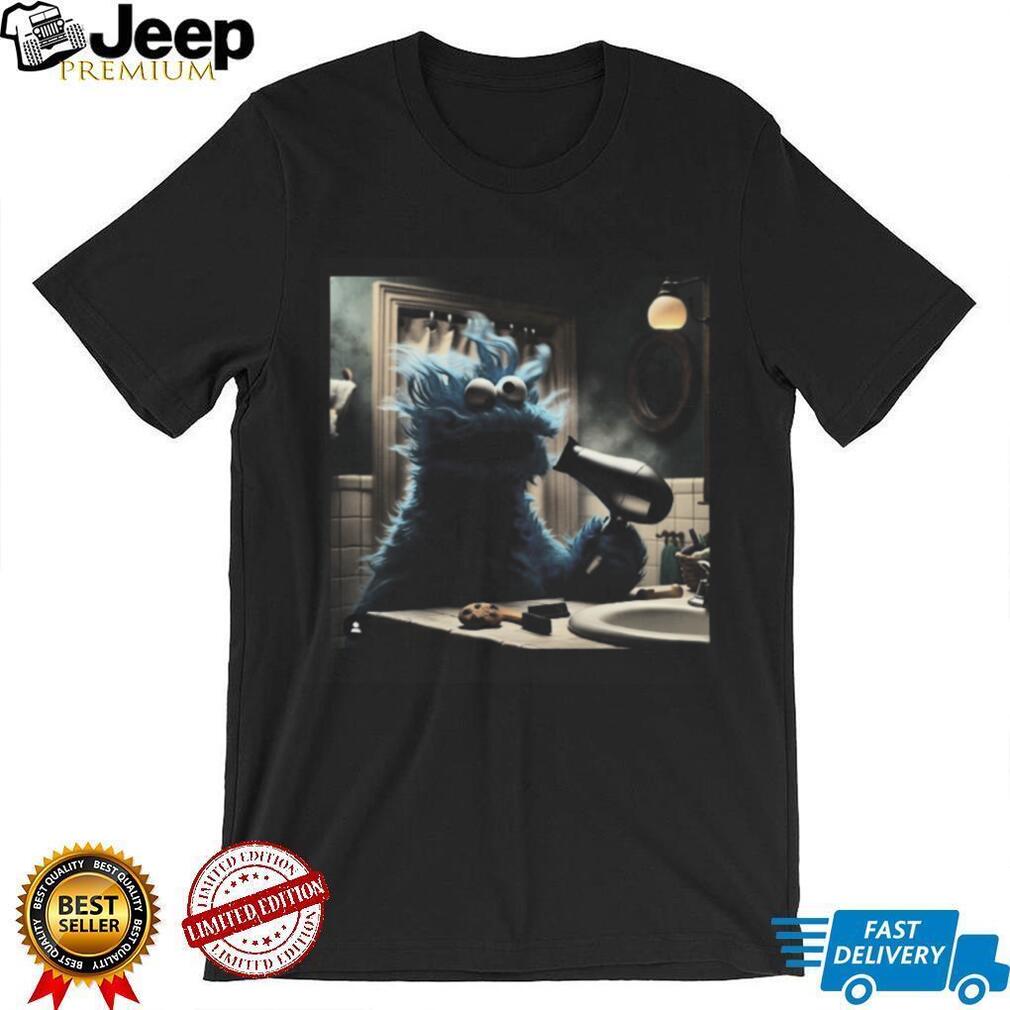 Cookie Monster Using Hair Dryer Funny Meme Graphic T Shirt