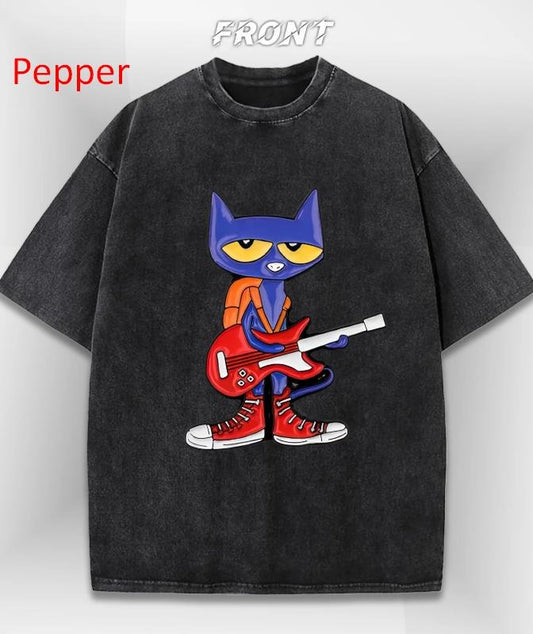 Cool Cat Print Men's Washed T-Shirt, Fun Vintage Graphic Tee, Y2K Style, American Street Fashion, Unisex Menswear Womenswear Top