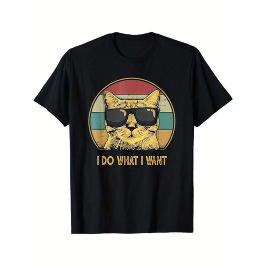 Cool Cat With Sunglasses And Letter Print Men's Crew Neck Fashionable Short Sleeve Sports T-shirt, Comfortable And Versatile, For Summer And Spring, Athletic Style, Comfort Fit T-Shirt, As Gifts Made in USA